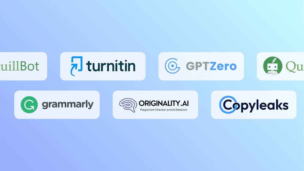 AI detection tools including Turnitin, GPTZero, Grammarly, Copyleaks, QuillBot, and Originality.AI